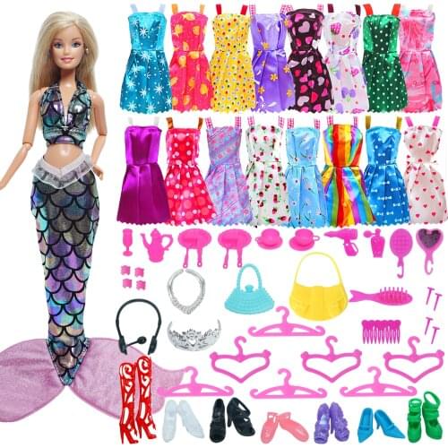 Random 53 Pcs Doll Accessories 1 Mermaid Tail Dress 10 Mini Dresses 42 Accessories Bags Hangers Shoes Clothes for Barbie Doll