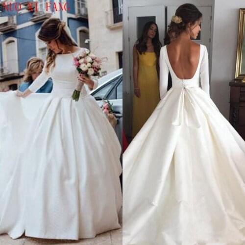 NUOXIFANG White Satin Simple A Line Wedding Dresses 3/4 Long Sleeves Backless Wedding Gowns Bride Dresses robe de mariee