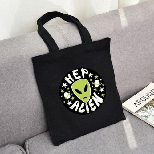 Alien Cartoon Printed Canvas Shoulder Bag Lady Hiphop Handbag Reusable Foldable Large Capacity Tote Bags Shopping Bag for Women