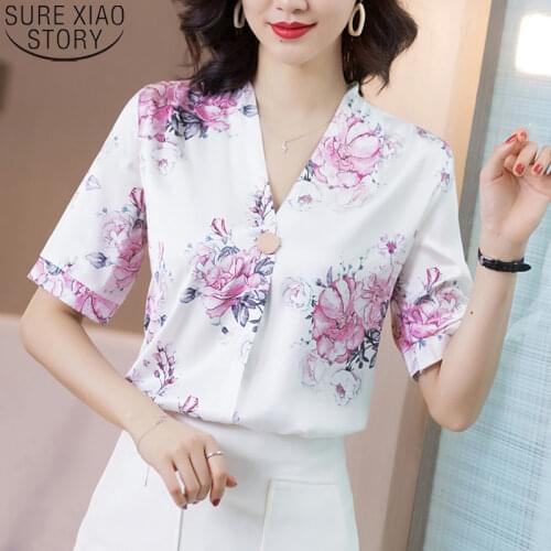 Plus Size Silk Shirt 2021 Summer Loose Womens Tops and Blouses Floral Print V-neck Short Sleeve Pullover Ladies Clothes 9161 50