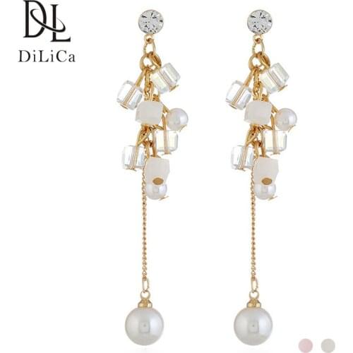 DiLiCa Elegant Women Acrylic Drop Earrings Imitation Pearl Dangle Earrings Female Long Earring Jewelry Kolczyki z perłami