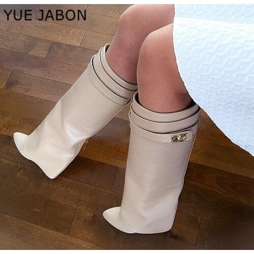 Silver Metal Shark lock Knee high Boots White Women Pointed Toe Leather Wedge Increase Height High Heel Shoes Over The Knee boot