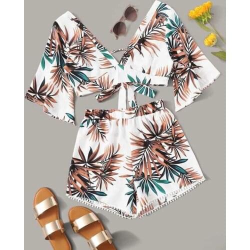 Two Piece Suit Women Casual V Neck Short Tops Sleeve Lacing Print Leaves Shorts Elasticity Couple Leisure Suit Holiday Style Hot