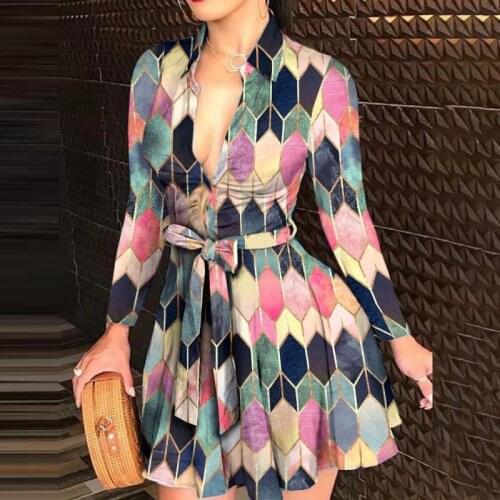 Womens Irregular Print Dress 2021 Long Sleeve Single Breasted Female Lace Up Sexy Short Dresses Ladies Party Club Vestidos