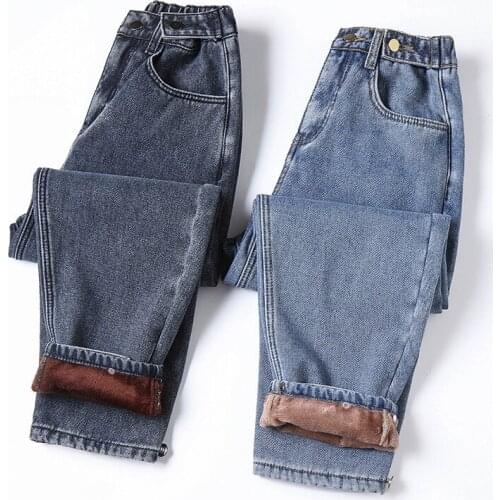 Winter Thick Fleece Warm Loose mom harem pants Jeans Women High waist casual streetwear female blue denim pants Plus size 5XL