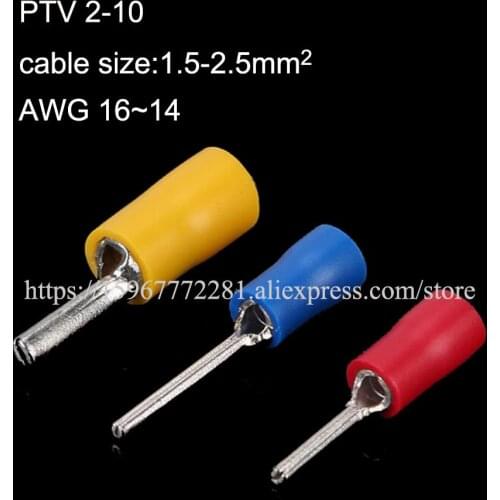 1000PCS Insulated pin terminal PTV 2-10 AWG16-14 Copper wire connectors automotive cable male female connector plug