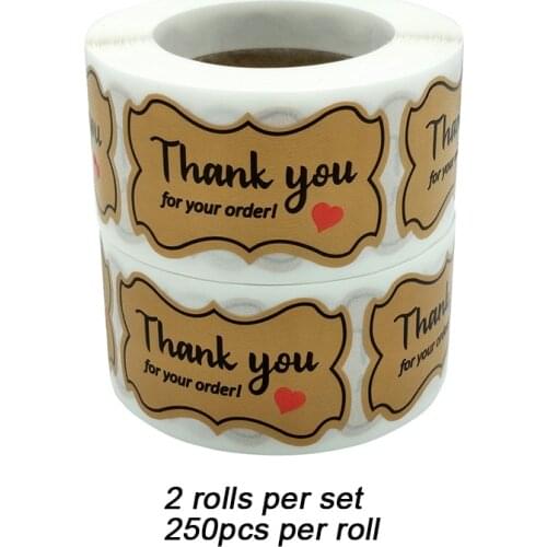 2 Rolls/Set Kraft Paper Thank You for Your Order Stickers Business Supplies Stickers Food Bags Sealing Labels 250pcs/Roll 3x5cm