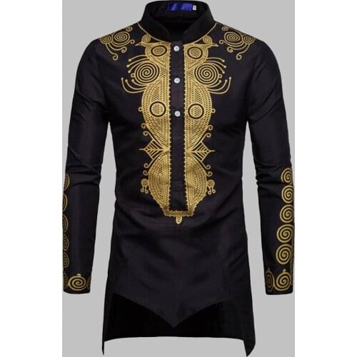 Mid-East Muslim Long Robe African Men Floral Print Black Long Sleeve Casual Shirt Button Plus Size Dubai Dashiki Man Casual Tops