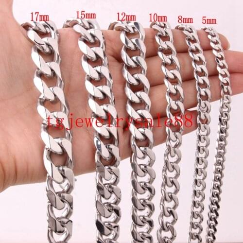 5/8/10/12/15/17/19mm Wide Biker Men Stainless Steel Polishing Silver Color Curb Cuban Link Chain Bracelet or Necklace 7-40inch