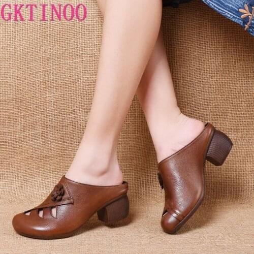 GKTINOO Summer Shoes Genuine Leather Slippers Women Sandals 2021 New thick heel retro Slippers Fashion Sandals Women Shoes