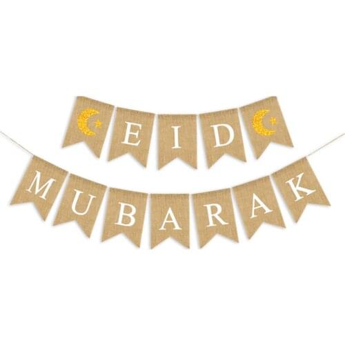 Eid Mubarak Banner Muslims Ramadan Kareem Decorations Linen Hanging Flags with Ropes Islam Home Decor Party Supplies