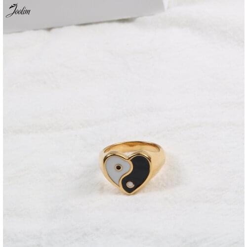 Joolim High End 18K Gold PVD Black And White Checkerboard Series Enamel Inlay Rings for Women Stainless Steel Jewelry Wholesale