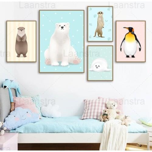 Cute Animal Home Decoration Painting Polar Bear Wolf Poster Otter Penguin Living Room Wall Canvas Poster Childrens Room Decor