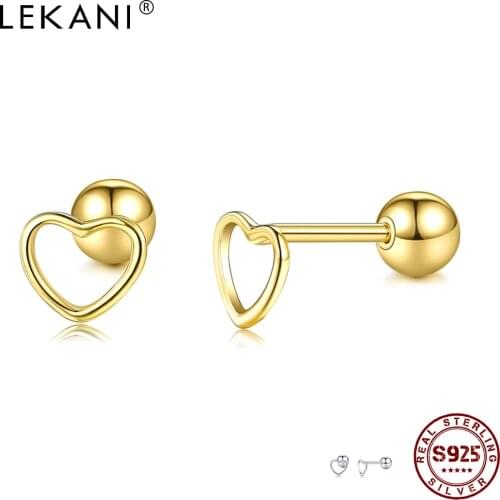 LEKANI Real 925 Sterling Silver Romantic Hollow Simple Heart Classic Stud Earrings For Women Tiny Earring Birthday Fine Jewelry