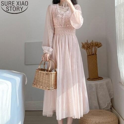 Sweet Mesh Lace Dress Elegant V-neck A-line High Wasit Dresses Women Button Puff Sleeve Pink Dress Mid-calf Vestidos Mujer 12915