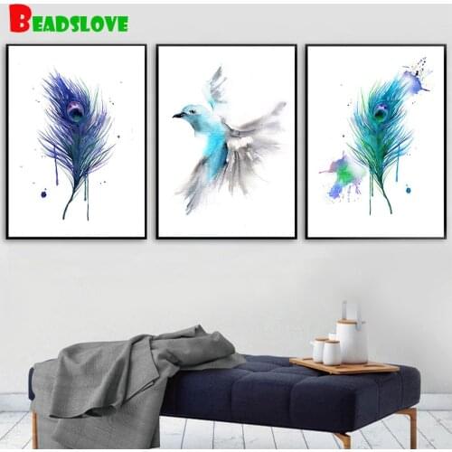 3 Piece Set Colorful Feather Bird 5D Diy Diamond Painting Full Square Round Diamond Embroidery Mosaic Triptych Atr Rhinestones