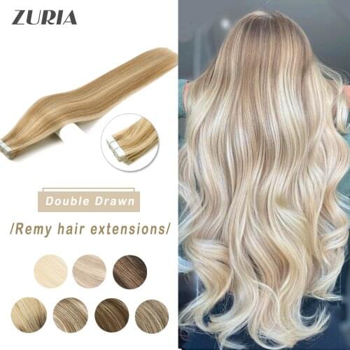 ZURIA Remy Human Hair Tape Extensions Natural Straight Hair Extensions Skin Weft 16"20"24" Black Brown 100% Real Human Hair