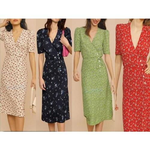 21 summer pastoral floral V-neck pleated wrap-up lace holiday midi skirt French retro elegant dress