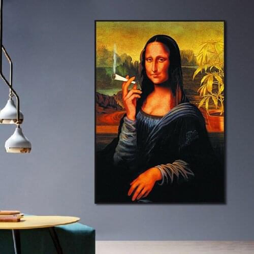 Funny Mona Lisa Drink and Smoking Posters Wall Art Canvas Print Pictures Da Vinci Famous Paintings for Home Living Room Decor