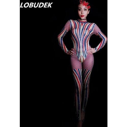 Sparkly Colorful Rhinestones Jumpsuit Sexy Mesh Crystals Bodysuit Bar Party Female Singer Stage Outfit Dance Performance Costume