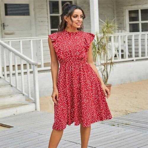 Chiffon Dress Women Elegant Summer Floral Print Ruffle A-line Sundress Casual Fitted Clothes To Knees 2021 Red Dresses For Women
