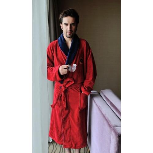 Extra long cotton fabric shawl collar with embroidery red bathrobe
