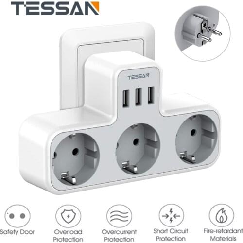 TESSAN Multiple Electrical Socket EU Plug Extension Power Strip 1 2 3 4 AC with 3 USB Ports Wall Charger Adapter for Home Travel