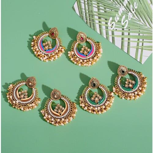 Ethnic Womens Gold Flower Jhumka Earrings Femmes Palace Dripping Oil Earrings Orecchini Donna Vintage Pearl Palace Earring