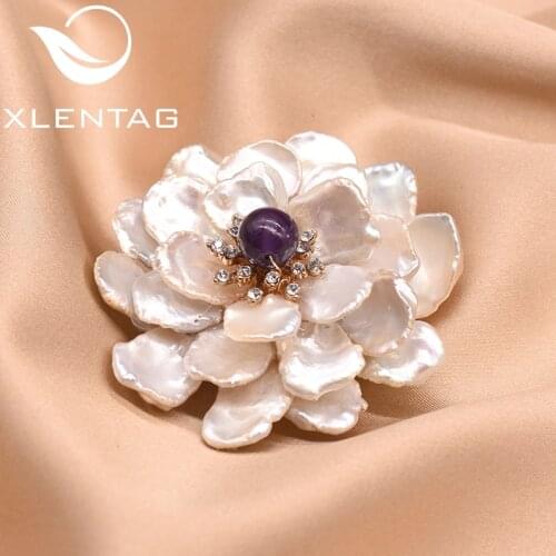 XlentAg Natural Fresh Water Baroque Pearl Flower Brooch For Women Femme Bijoux Amethyst Agate Brooches Dual Use Jewellery GO0100