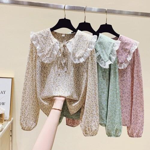 2021 New Summer Fashion Women Sweet Flowers Chiffon Blouse Fashion Elegant Lace Peter Pan Collar Casual Shirts Top