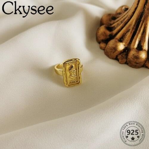 Ckysee Retro 925 Sterling Silver Rings Character Long Tag Ring High Quality Rings For Women Original Fine Jewelry Charms All-Mat