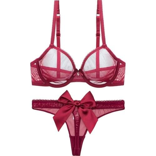 Womens burgundy transparent lace ultra thin elastic mesh bra sexy erotic satin big bow thong 2pieces/set CYHWR