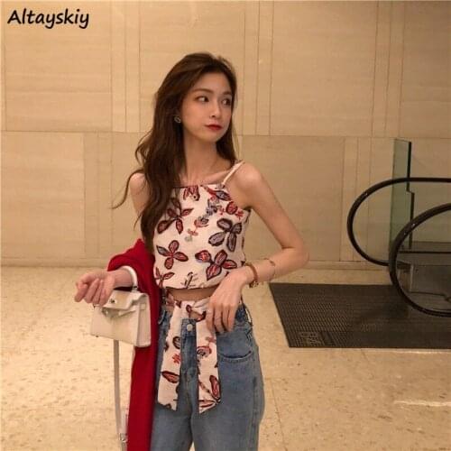 Floral Camis Women Ribbons Korean Style Chic Trendy Popular Chiffon Summer Ulzzang Skinny Elegant Popular All-match Crop Top Ins