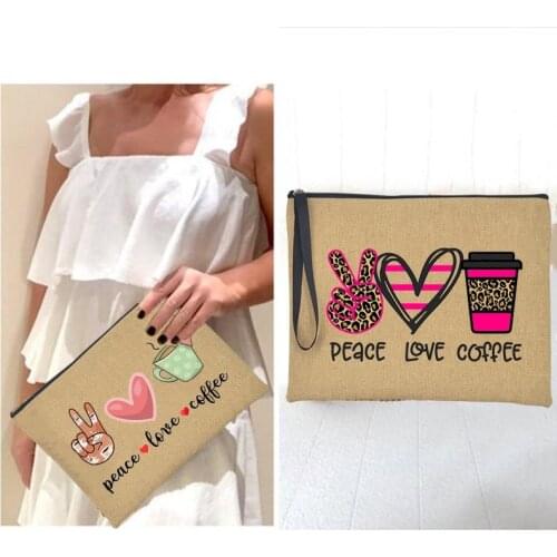 Peace Love Coffee Women Clutch Fashion Envelope Bags Retro Handbag Summer Beach Shoulder Tote Travel Makeup Pouch Cosmetic bag