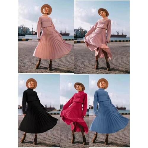 2020 Elastic Waist Full Mid-calf Knitted Suit Skirt Fashion Turtleneck Sweater And Pleated Long 2 Piece Woman