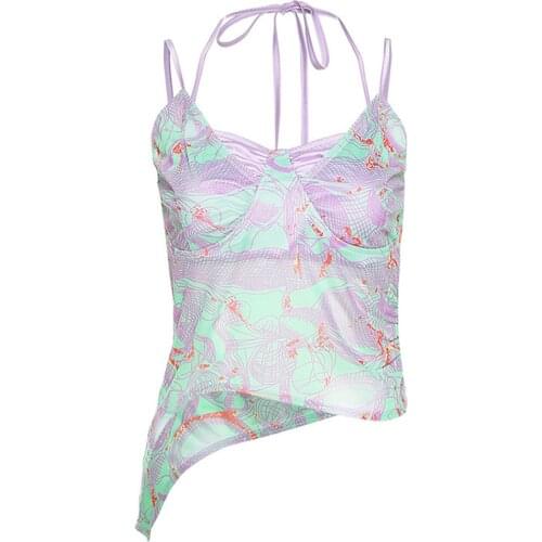 New Arrival Fashion Irregular Tie Dyeing Womens Lace Up Vest Printed Sleeveless Irregular Hem Tops Summer Camisole for Female