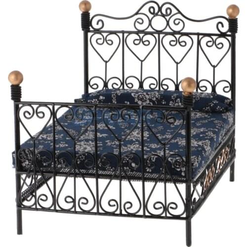 1:12 Dollhouse Miniature Metal European Retro Double Bed Bedroom Furniture Dolls House Accessory Children Funny Pretend Play Toy