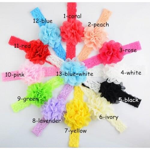 New Design 13pcs/lot 13Colors Kids Hollow-out Chiffon Flower Hair Bows 15" Lace Headband For Girls Head Accessories FDA97
