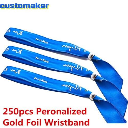 250pcs Goil Foil silk satin ribbon custom wristband Hot stamped Gold custom fabric wristbands wrist strap printed customize logo