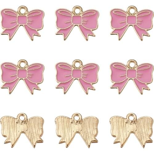 40 Pcs Bowknot Alloy Enamel Pendants Golden Pink Charms for DIY Jewelry Makings Earrings Bracelets 14.5x18x1.5mm Hole: 2mm