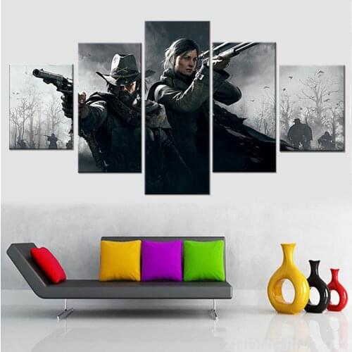 Framed 5 Piece Hunt Showdown Video Game Poster Black White Shooter Wall Pictures for Living Room Decor Wall Framework Artwork