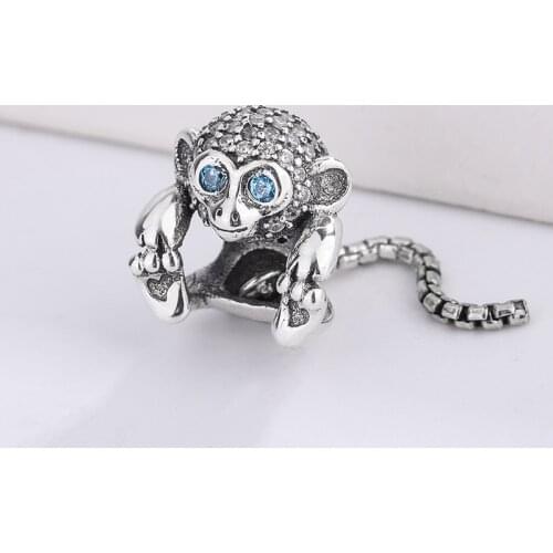 925 Sterling Silver Delicate Jewellery Cubic Zirconia Animal Monkey Charm Sparkling Stone Head Blue Stone Eyes Bracelet