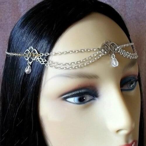 Gothic Multilayer Head Chain for Women Vintage Knot Pagan Waterdrop Crystal Silver Color Headdress Hair Accessories Jewelry H029