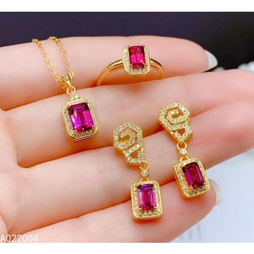 KJJEAXCMY Fine Jewelry 925 sterling silver inlaid natural gemstone garnet female ring pendant earring set popular supports test