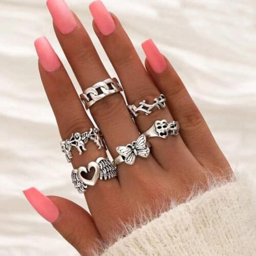Fashion Gothic Grimace Butterfly Heart Rings Set Punk Geometric Rings for Women Men Female Jewelry Anillos