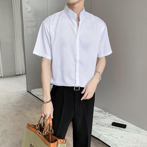 Solid Color Short Sleeve Shirts for Men 2021 Summer Casual Loose Stand-up Collar Dress Shirt High Quality Camisas Para Hombre