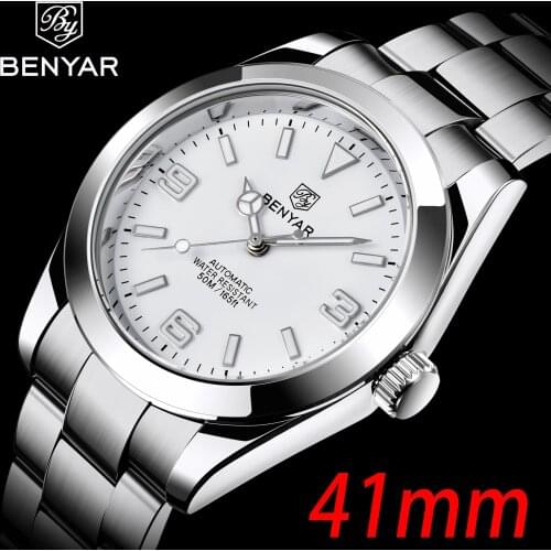 BENYAR Automatic Mechanical Watches Mens Top Luxury Brand 41MM Dial Business Stainless Steel Strap Waterproof Watches Luminous
