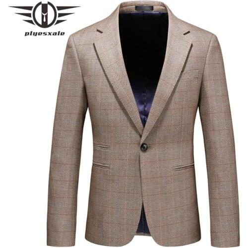 Plyesxale Mens Blazers New Arrivals 2019 Slim Fit Plaid Blazers For Men Luxury Brand Navy Blue Khaki Casual Suit Jacket Q731