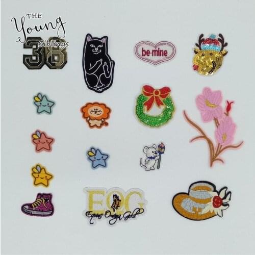 20pcs/lot Embroidery Patch Letter Clothing Decoration Star Cat Chrismas Mouse Tiger Sewing Accessory Iron Heat Transfer Applique