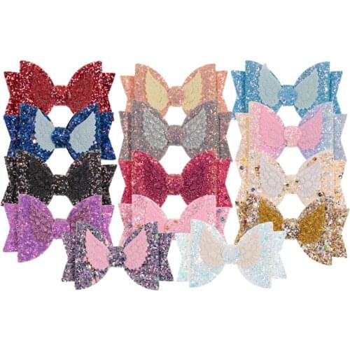 Nishine 20pcs/lot 3.6" Double Sequin Wing Leather Bows for Baby Girls Headbands Boutique Hair Bows for Hairpins Hair Accessories